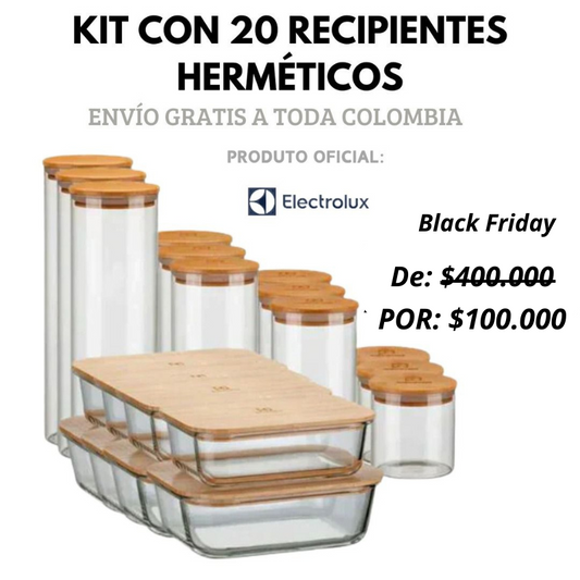 Set de 20 recipientes redondos de vidrio con tapa de bambú y cierre hermético Electrolux + Utensilios de Bambú Electrolux